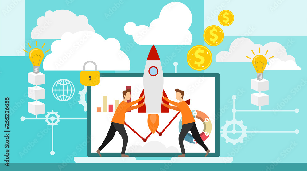 Promotion of a startup. Teamwork people promote a startup by standing on a laptop. The concept of business promotion. Promotion of a startup. Teamwork people promote a startup by standing on a laptop. The concept of business promotion.