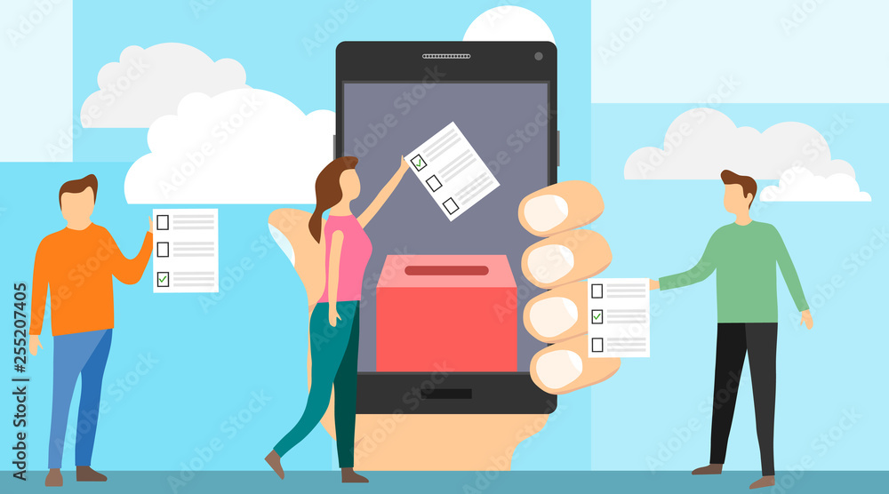 Fototapeta premium Voting online concept. Online voting mini people concept flat vector illustration with smartphone screen,voting box and voters making decisions.