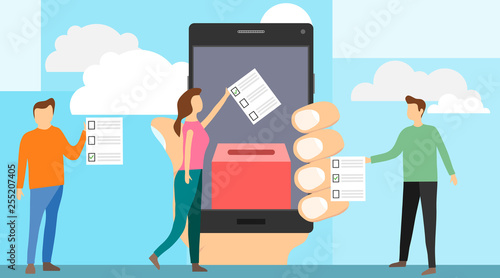 Voting online concept. Online voting mini people concept flat vector illustration with smartphone screen,voting box and voters making decisions.