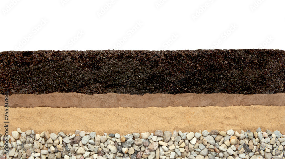 Soil layers: humus, clay, sand and stones isolated on white background ...