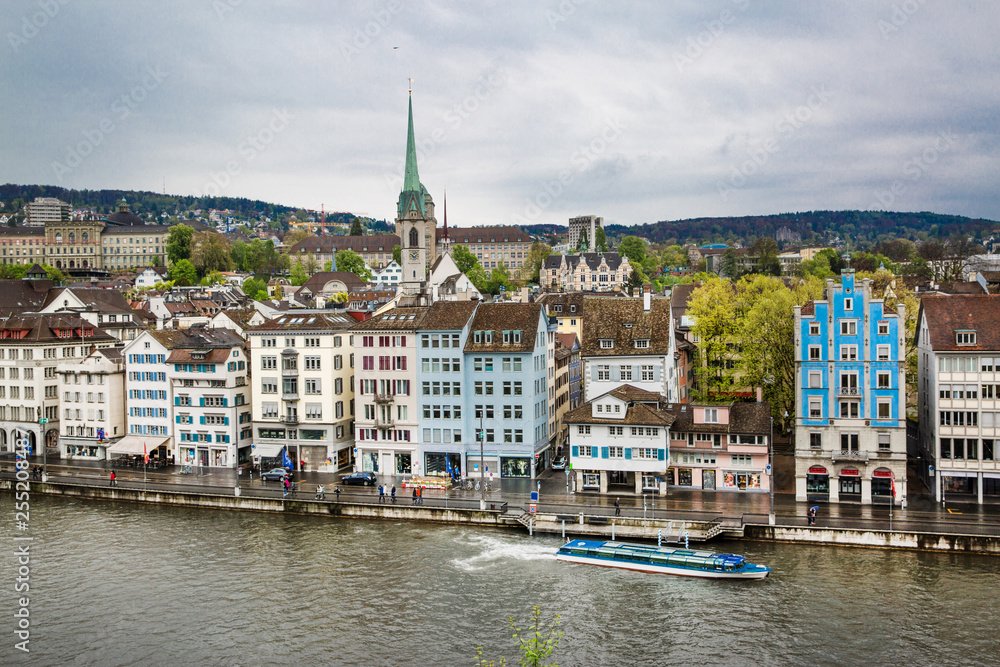 Fototapeta premium Zurich panorama view, beautiful cityscape on rainy day. Switzerland. 