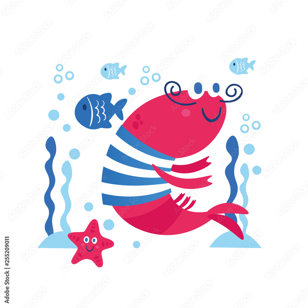 Vector card with sea animals: shrimp, star, fish. Marine theme design. Illustration for clothes, anniversary, birthday, party invitations, scrapbooking, cards and sticker Vector card with sea animals: shrimp, star, fish. Marine theme design. Illustration for clothes, anniversary, birthday, party invitations, scrapbooking, cards and sticker