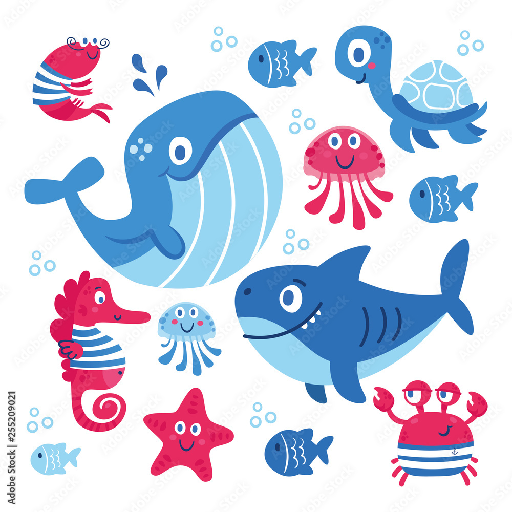 Obraz premium Vector set of sea animals: fish, shark, whale, jellyfish, star, seahorse, crab. turtle. Illustration for clothes, anniversary, birthday, party invitations, scrapbooking, cards and sticker