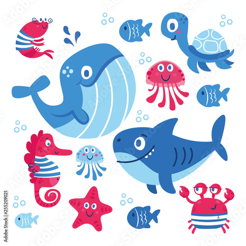 Vector set of sea animals: fish, shark, whale, jellyfish, star, seahorse, crab. turtle. Illustration for clothes, anniversary, birthday, party invitations, scrapbooking, cards and sticker