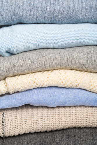 Winter and fall cozy sweaters stack, woolen sweaters