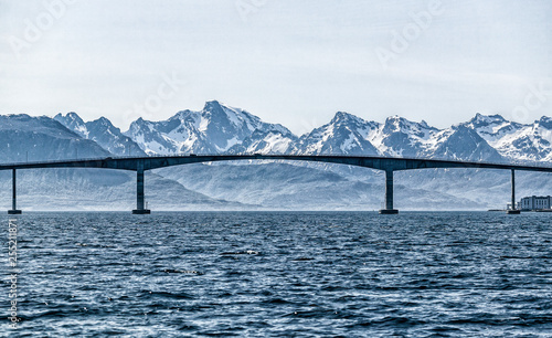 Fototapeta Naklejka Na Ścianę i Meble -  Sortland bridge, northern Norway, Vesteralen mountain chain in the background