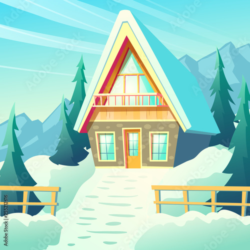 Small cottage house, comfortable chalet in snowy mountains, winter resort bungalow exterior with stone walls, balcony on mansard and snow on pitched roof cartoon vector. Village house illustration