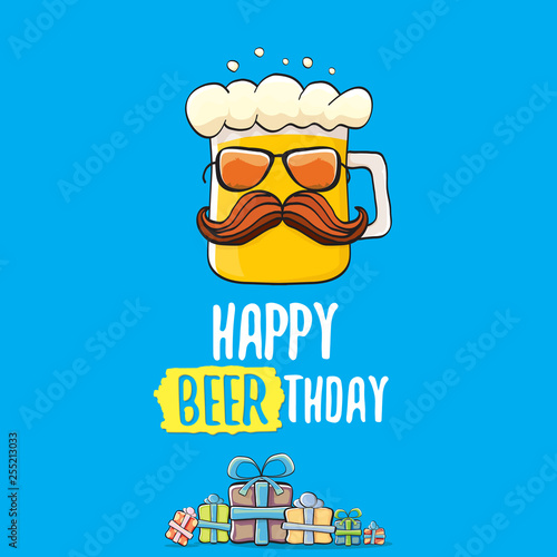 Happy Beerthday vector greeting card or print. Happy birthday party celebration poster with funky beer character and gifts
