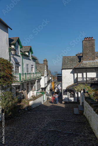 Clovelly, North Devon, England, UK. March 2019. Clovelly a tiny coastal town with a main street which is cobbled and goes very steeply to the seafront.