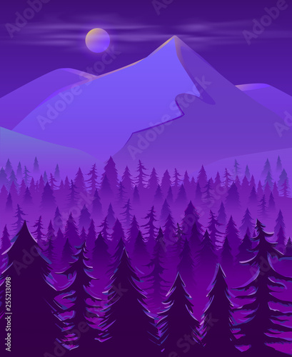Cold and wild northern land night landscape cartoon vector in violet neon colors with full moon disk in mist under snow-cowered mountain peak or hill, spruce trees forest in fog at foot illustration