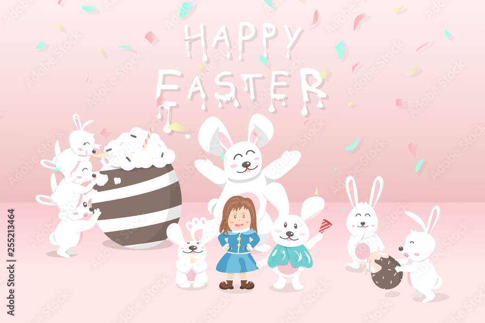 Easter, greeting card holiday, rabbits celebrate carnival party with girl, confetti falling, pastel concept, cute cartoon invitation vector illustration Easter, greeting card holiday, rabbits celebrate carnival party with girl, confetti falling, pastel concept, cute cartoon invitation vector illustration