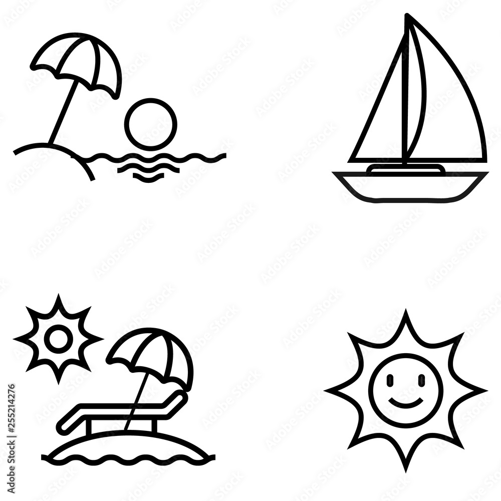 Set of Summer icon. umbrella on island, boat, palmtree on island, ice cream cup. Set of Summer icon. umbrella on island, boat, palmtree on island, ice cream cup.