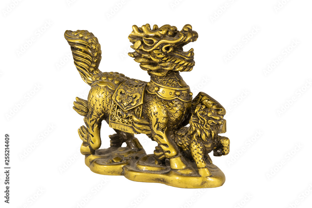 bronze figure of a dragon guarding a baby dragon.