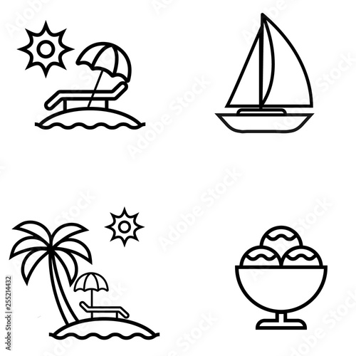 Set of Summer icon. umbrella on island, boat, palmtree on island, ice cream cup.