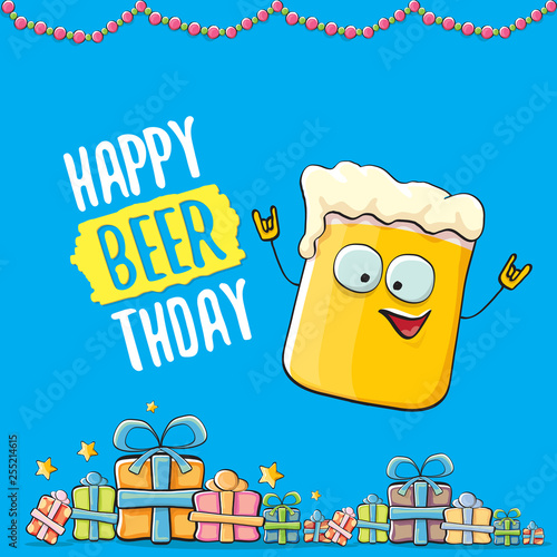 Happy Beerthday vector greeting card or print. Happy birthday party celebration poster with funky beer character and gifts