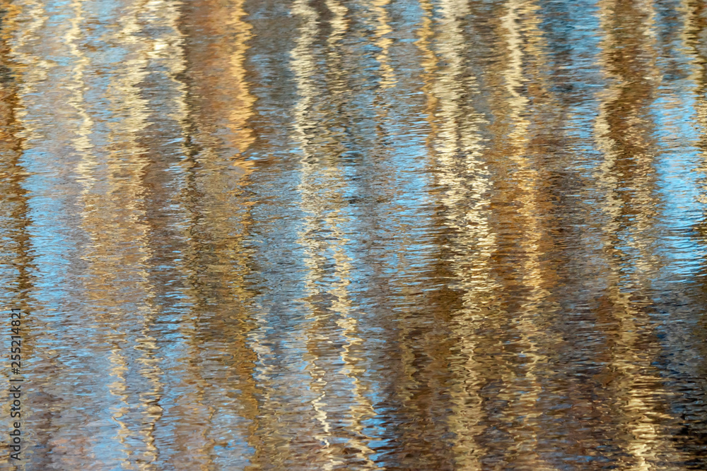 Blurred water reflections of autumn trees with waves and ripples. Abstract pattern artistic background. Blurred water reflections of autumn trees with waves and ripples. Abstract pattern artistic background.