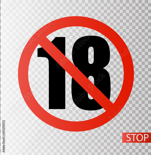 Under 18 years prohibition sign. adults only. Number eighteen in red crossed circle. symbols isolated on white background