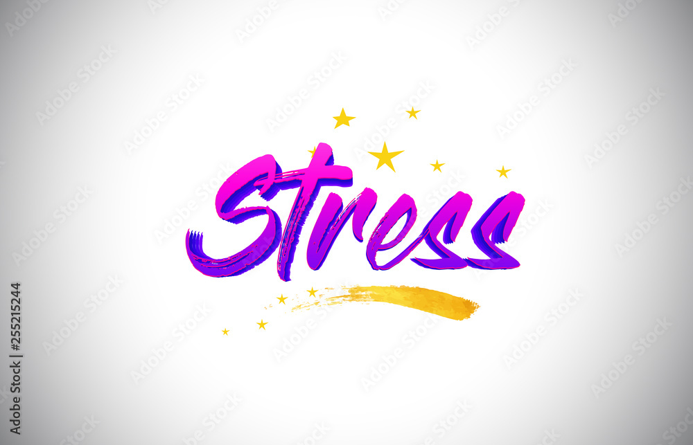 Stress Purple Violet Word Text with Handwritten Vibrant Colors and Stars Confetti Vector. Stress Purple Violet Word Text with Handwritten Vibrant Colors and Stars Confetti Vector.