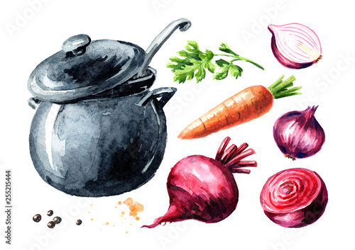 Принти на полотні Pan and fresh vegetables onions, carrots, beet root and greens set