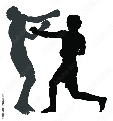 Two mma fighters vector silhouette illustration isolated on white background. Multi martial arts competition. wrestling, ancient skill. Heroes in ring, octagon, battle fight. Fighting in ring.
