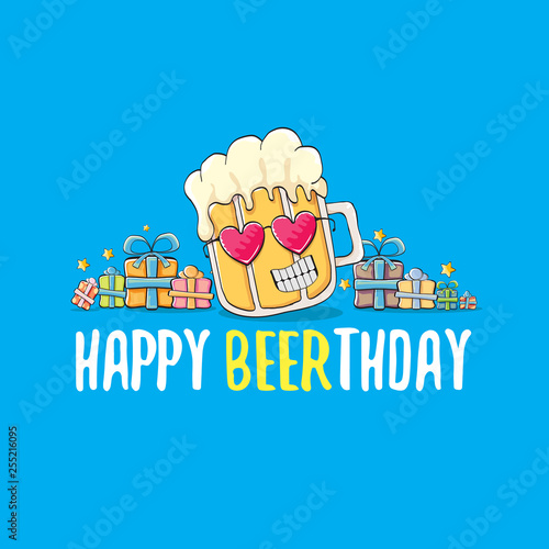 Happy Beerthday vector greeting card or print. Happy birthday party celebration poster with funky beer character and gifts