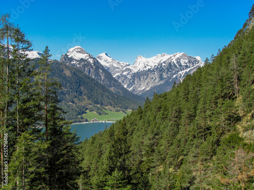 View from Lake Achensee-Tyrol near Maurach-Innsbruck with green sunny Austrian Alps in Tirol with snowy mountains in background under blue sky