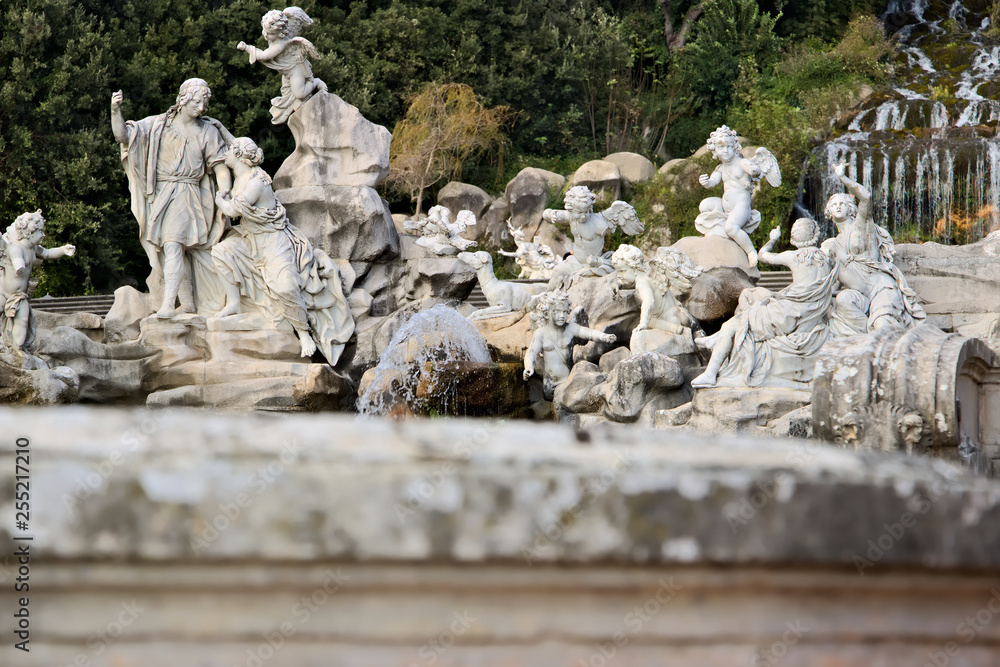 Reggia di Caserta, Italy. 10/27/2018. Fountain with sculptures in white marble Reggia di Caserta, Italy. 10/27/2018. Fountain with sculptures in white marble
