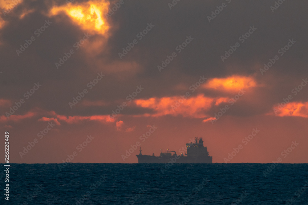 Ship on a Red Sunrise in the Irish Sea