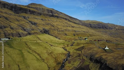 Small village church in Saksun and a nearby lake located on the island of Streymoy, Faroe Islands, Denmark. Shooting a drone quadrocopter,