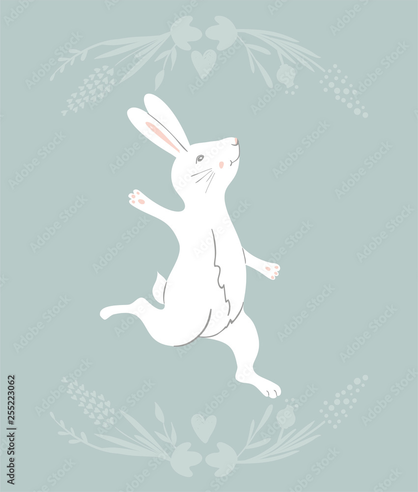 Obraz premium Easter Bunny character. Happy running and dancing bunnies. Flower frame silhouette