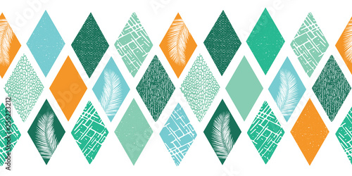 Contemporary abstract design for men. Rhombus shapes border seamless. Collage style vector pattern. Modern tropical summer geometric texture. Blue green teal orange shapes with palm leaf, animal skin