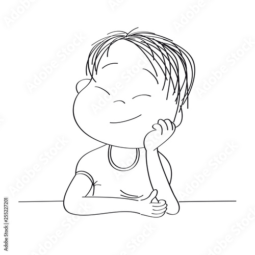 Small cute boy daydreaming, imagining something- original hand drawn illustration