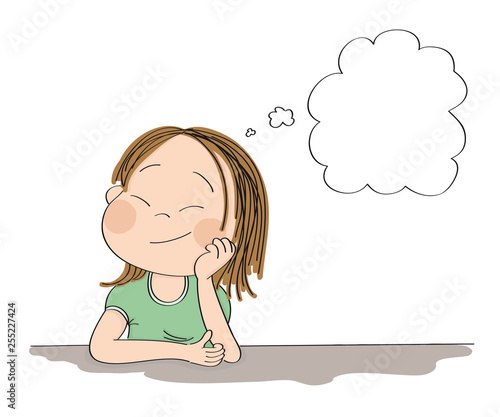 Small cute girl daydreaming, imagining something. Original hand drawn illustration with copy space for your text.