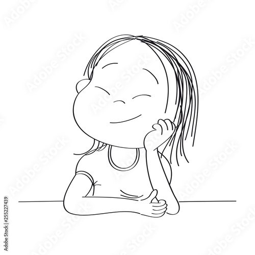 Small cute girl daydreaming, imagining something- original hand drawn illustration