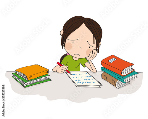 Unhappy and tired girl preparing for school exam, writing homework, feeling sad and bored - original hand drawn illustration