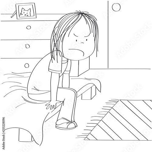 Annoyed and unhappy teenage girl sitting on the bed in her children's room, thinking about the injustice of her adolescent life. Original hand drawn illustration. photo