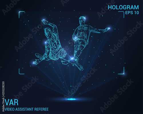 VAR hologram. Digital and technological background, the system video assistance to referees. Futuristic football design.