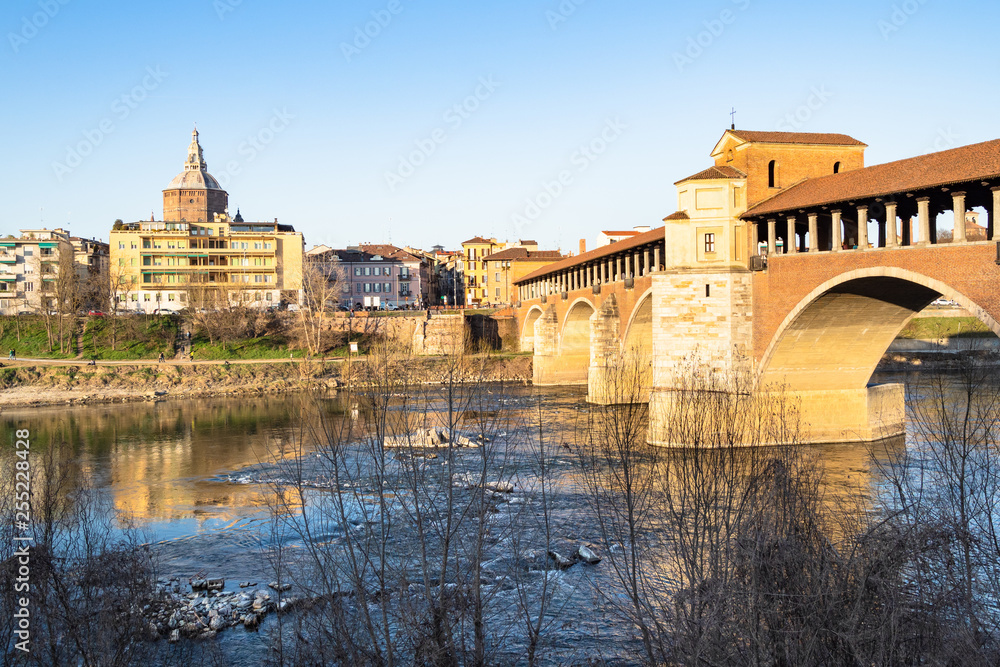 panoramic view of Pavia with Ponte Coperto bridge