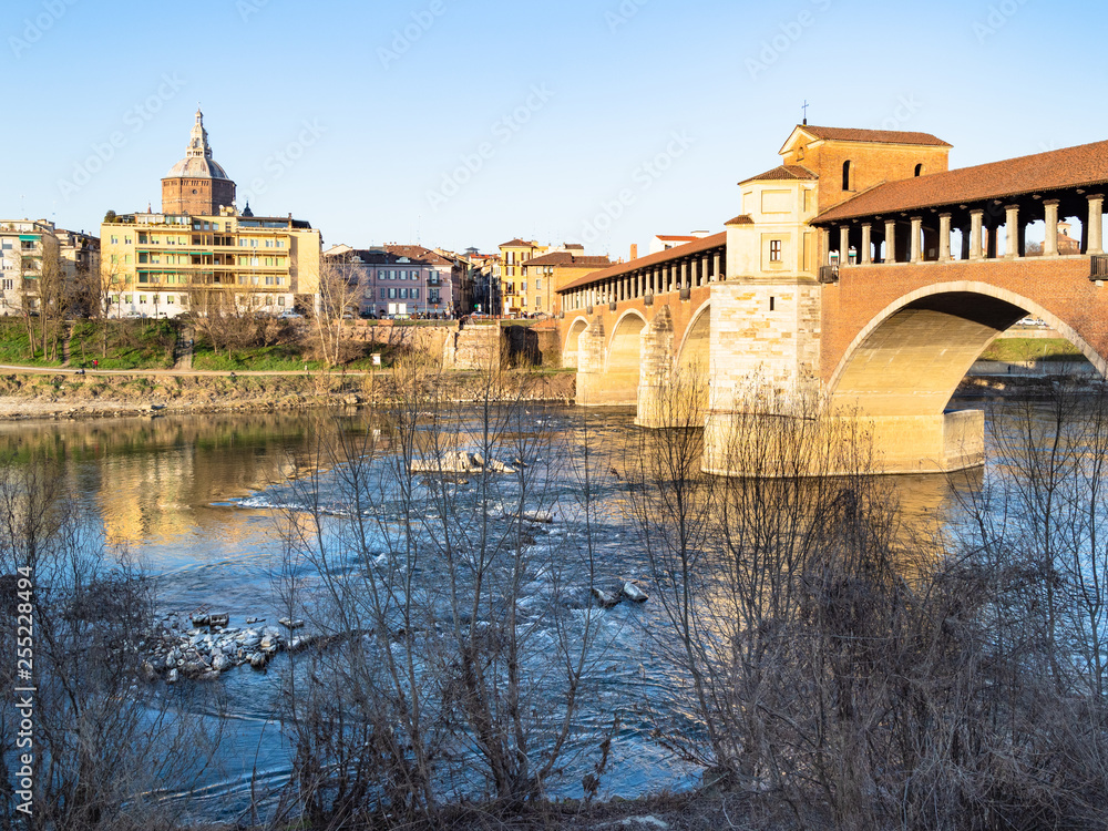 Ticino River with Ponte Coperto and view of Pavia
