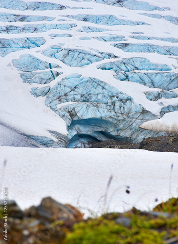 Closed clouds day, overlooking the Exit Glacier showing its blue ice, white snow, and a lush landscape. Portrait, fine art. Exit Glacier in Kenai Fjords National Park, Alaska. July 27, 2018