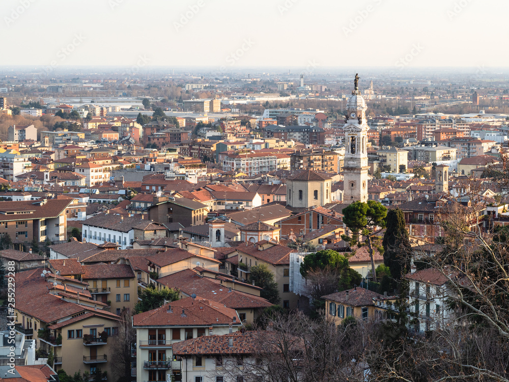 above view Lower Town with bell tower in Bergamo