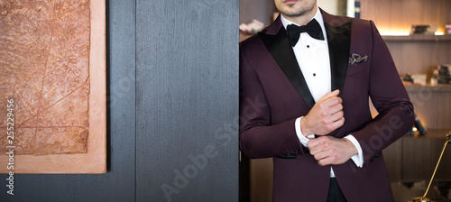 Foto Man model in expensive custom tailored tuxedo, suit standing and posing indoors