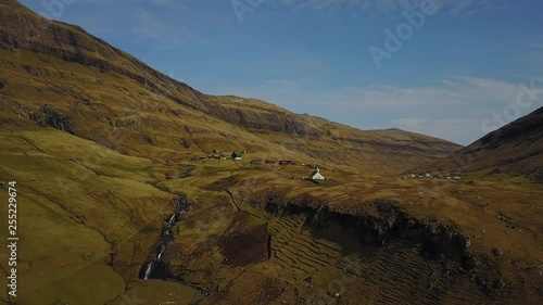 Small village church in Saksun and a nearby lake located on the island of Streymoy, Faroe Islands, Denmark. Shooting a drone quadrocopter, photo