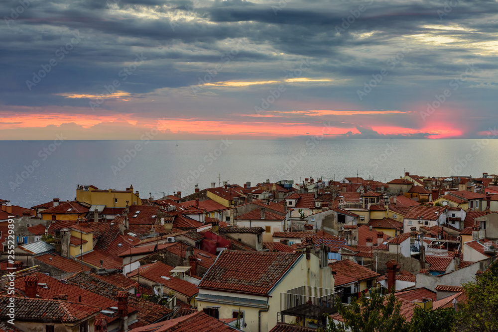Piran old town cityscape. Beautiful view at sunset, the town of Piran, Slovenia
