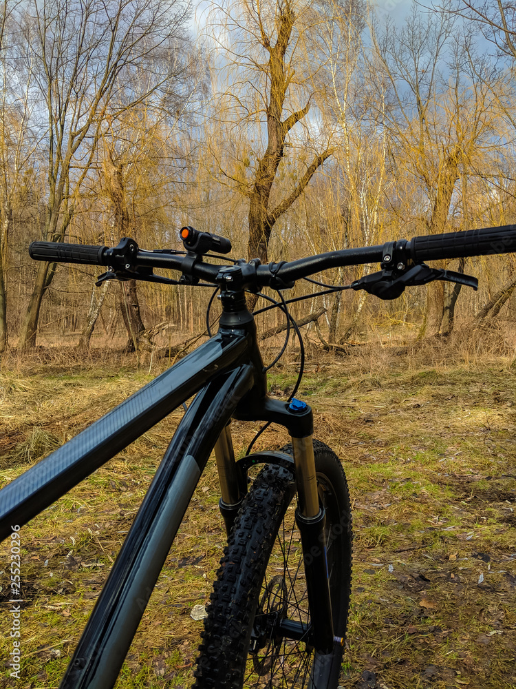 MTB bicycle on the trail in the spring season MTB bicycle on the trail in the spring season