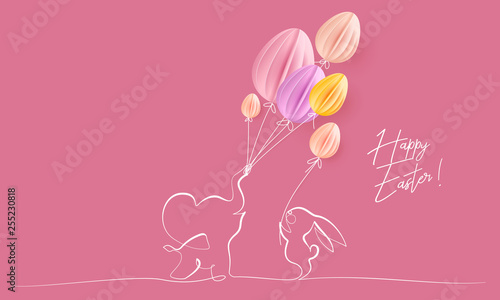 Happy Easter. Cute little elephant with balloons