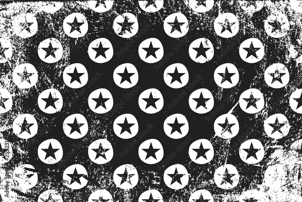 Grunge pattern with stars in circles. Horizontal black and white backdrop.