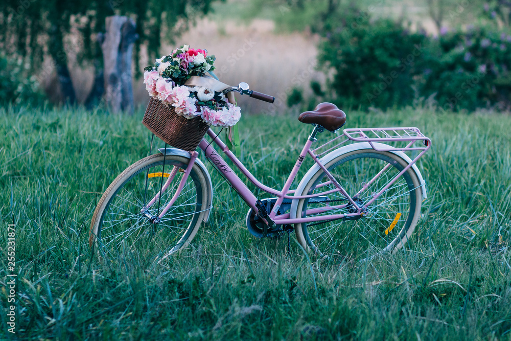 Beautiful bicycle with flowers in a basket stands in a park at sunset