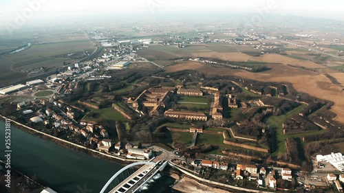 High altitude aerial view of star shaped Citadel or Cittadella of Alessandria, Italy