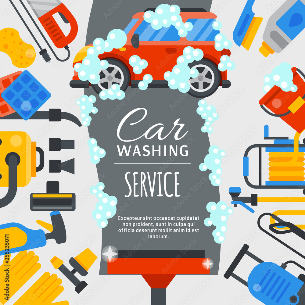 Car wash poster water transport cleaner background vector illustration. Washer car shower washing service auto vehicle cleaner station. Transportation care business concept.